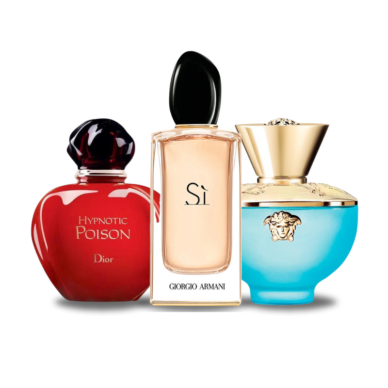 Confezione promozionale di 3 profumi Dior HYPNOTIC POISON, Giorgio Armani SÌ e Versace DYLAN TURQUOISE 100ml